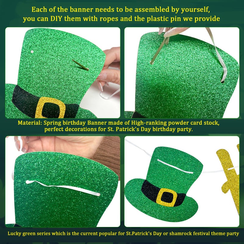 FHGG Gold Glitter St Happy Birthday Banner Decorations Shamrock for St. Patricks Day Home Party Lucky One 1st Birthday - Image 4